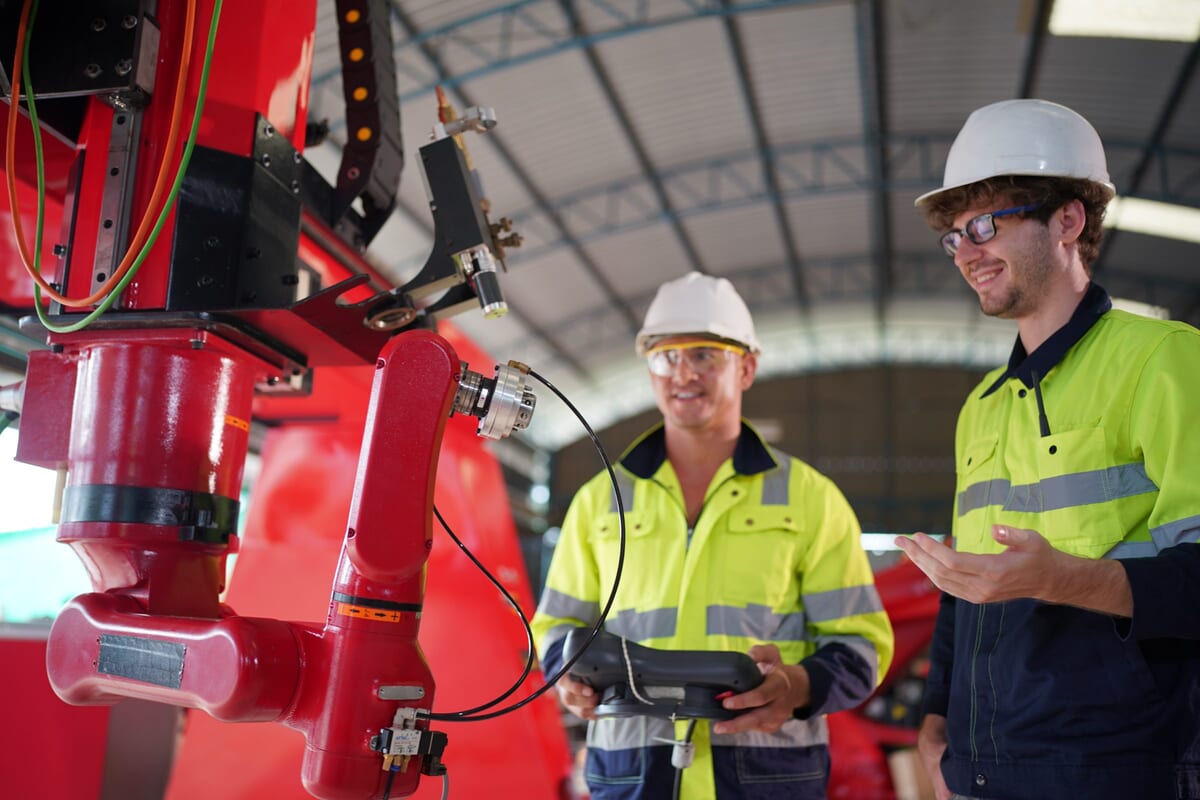 Two technicians in hard hats and high-vis operating a red industrial robot arm